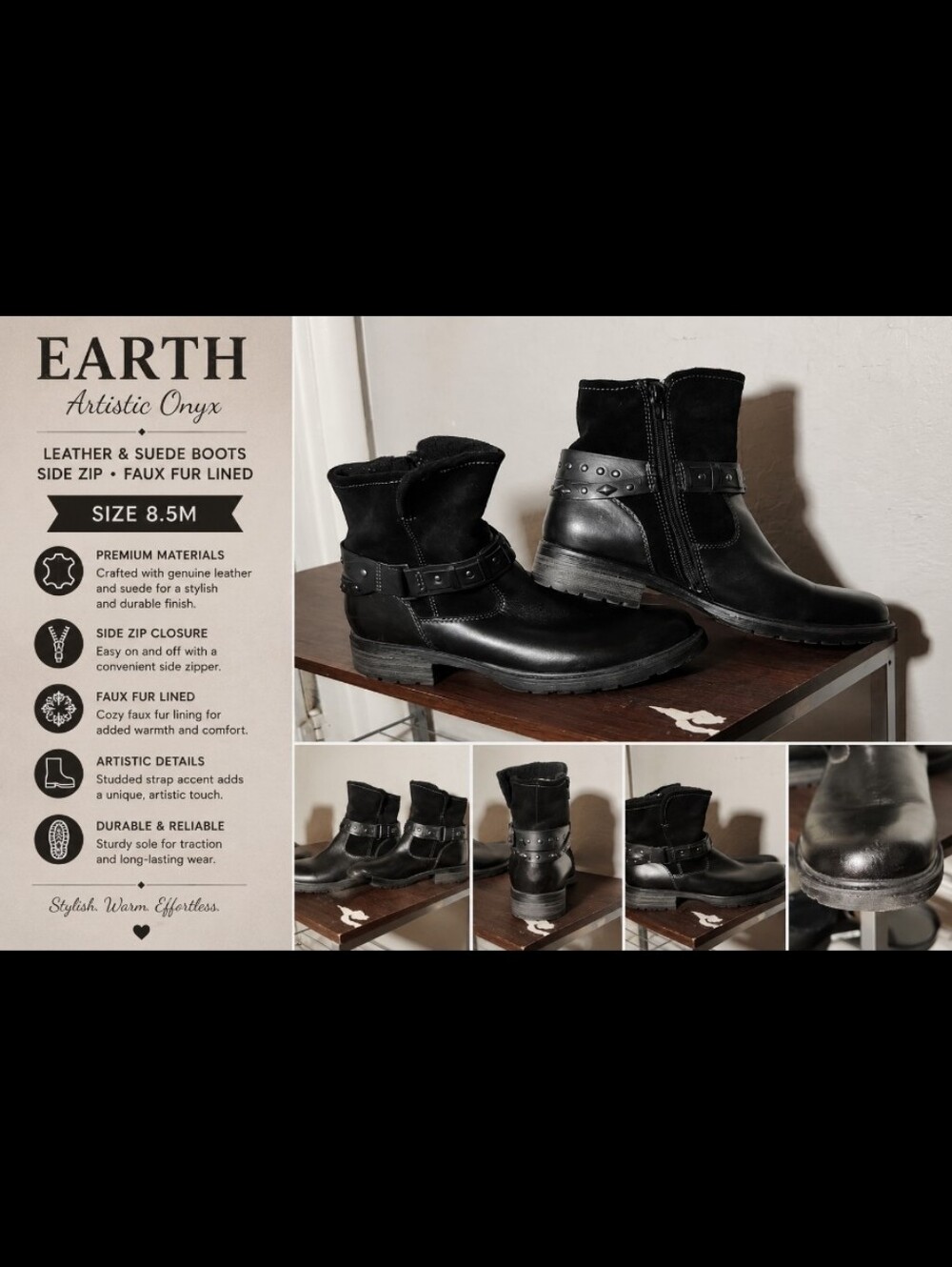 EARTH Artistic Onyx Leather SuedeBlack  Boots Side Zip Fuax Fur Lined 8.5M